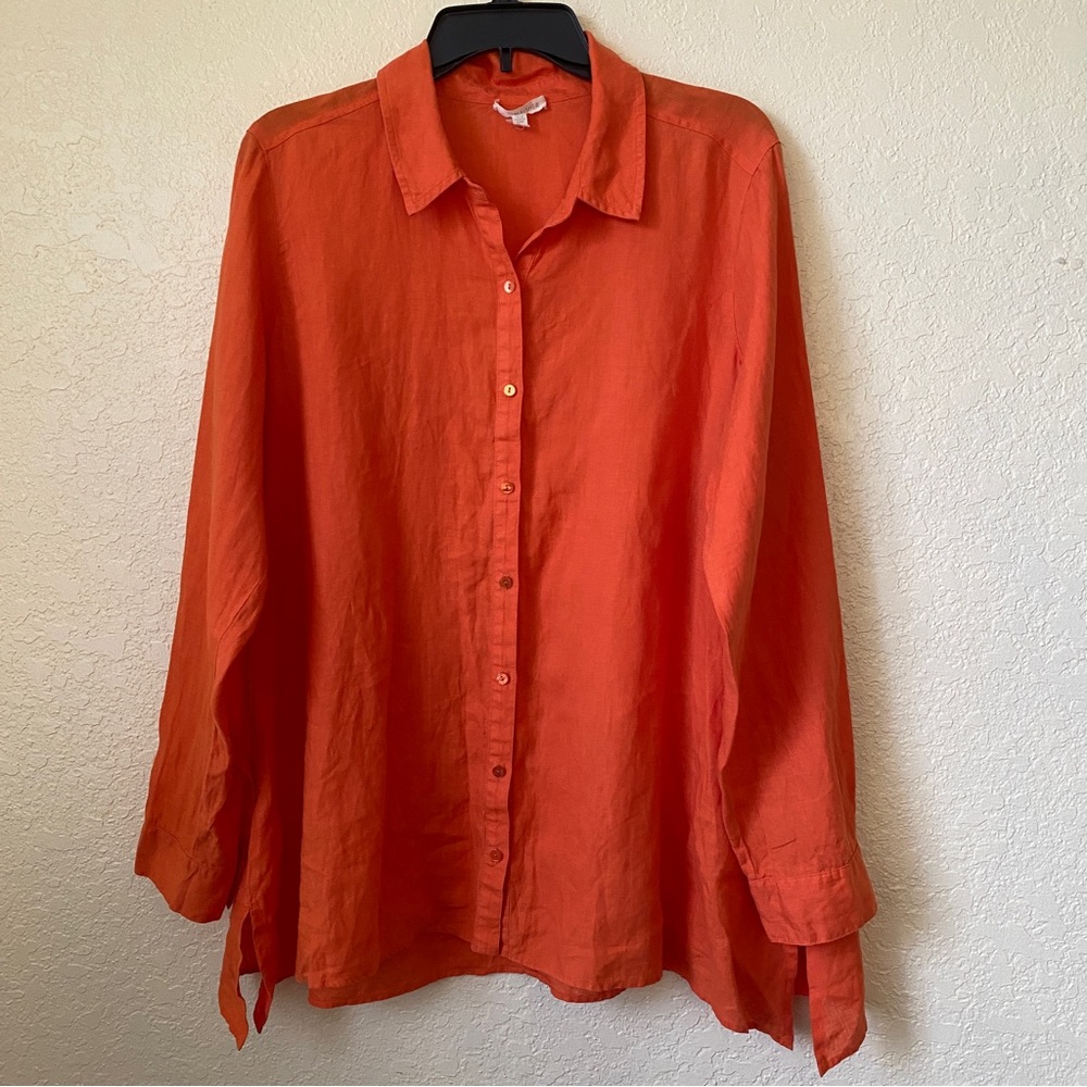 Eileen Fisher orange Organic Irish Linen Long Sleeve Button Down Tunic Shirt M
